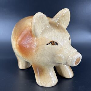 Vintage Ceramic Pig Figurine with Cork Nose Marked On Bottom Brown/Cream